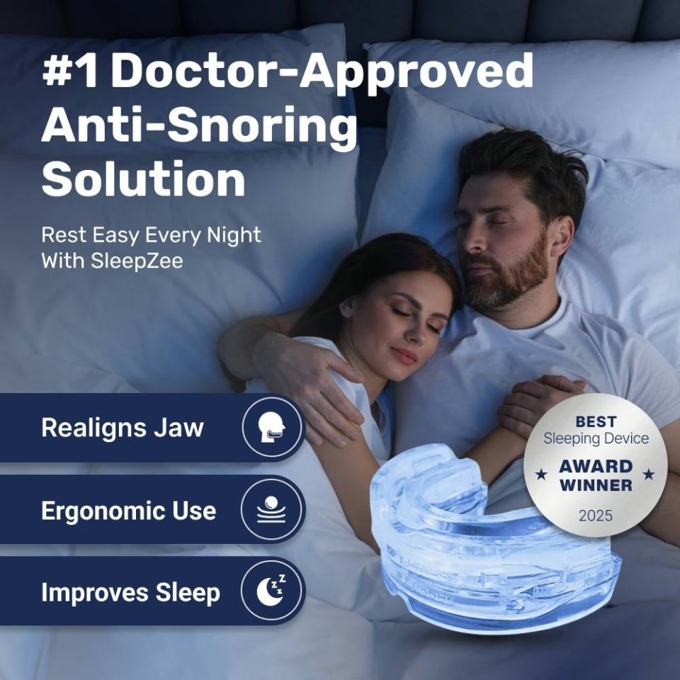 SleepZee anti-snoring mouthpiece shown beside a sleeping couple